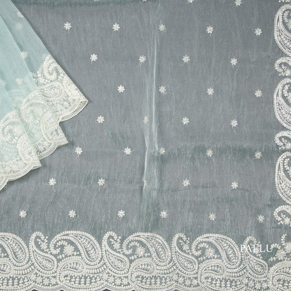 Organza Ice Blue Thread Embroidered Saree