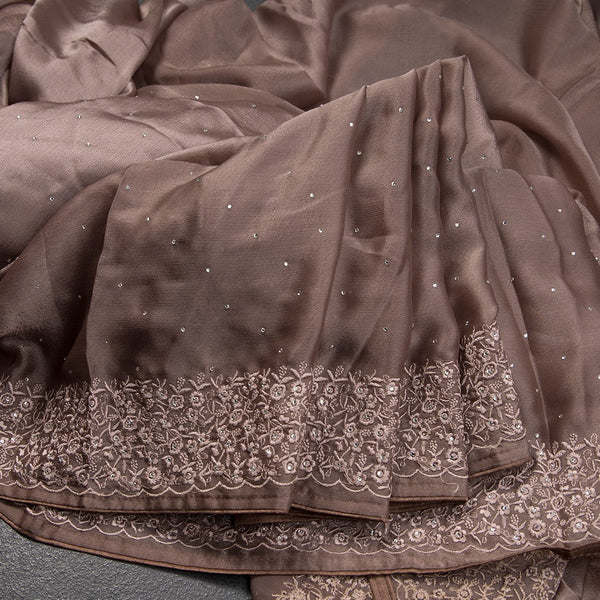 Organza Dark Brown Thread Embroidered With Stone Work Saree