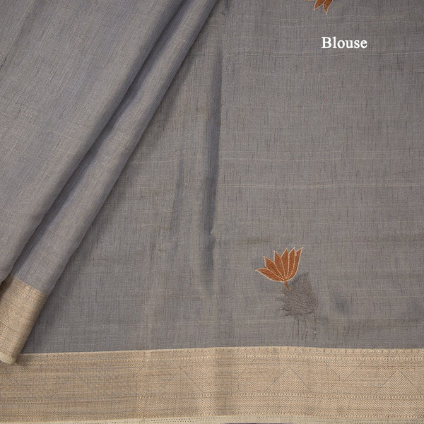 Dark Grey Semi Raw Silk Thread Embroidered Saree