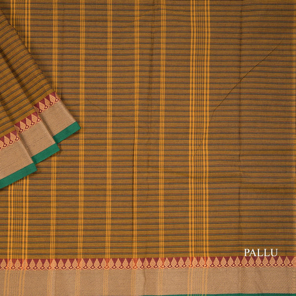 Chettinad Cotton Brown Horizontal Stripe Saree Thread Border Without Blouse