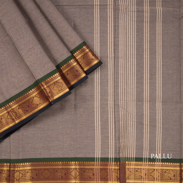 Chettinad Cotton Grey Plain Saree Traditional Zari Border Without Blouse