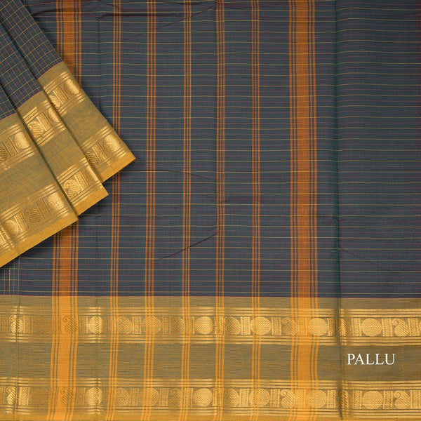 Chettinad Cotton Dark Green Checked Saree With Retta Petta Ganga Jamuna Border Without Blouse