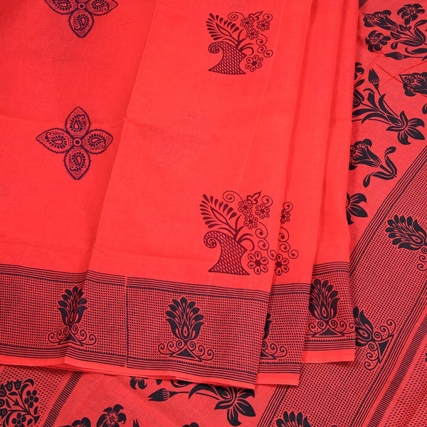 Sungudi Cotton Red Printed Saree Without Blouse 03