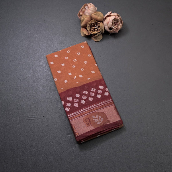 Sungudi Cotton Mustard Yellow Printed Saree Without Blouse