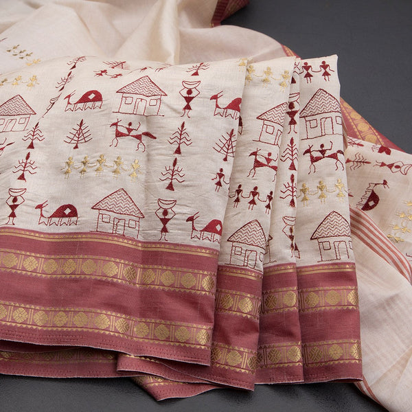 Cream Semi Raw Silk With Kalamkari Design Thread Embroidered Saree