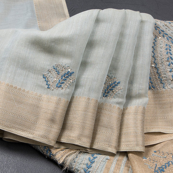 Grey Semi Linen Thread Embroidered Saree