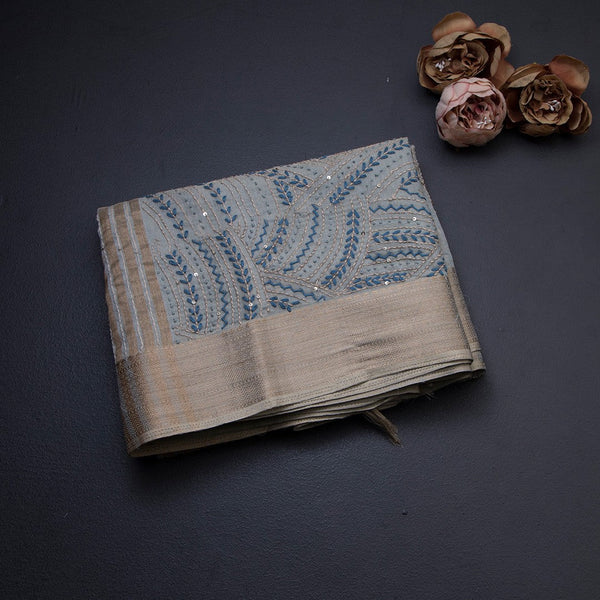 Grey Semi Linen Thread Embroidered Saree