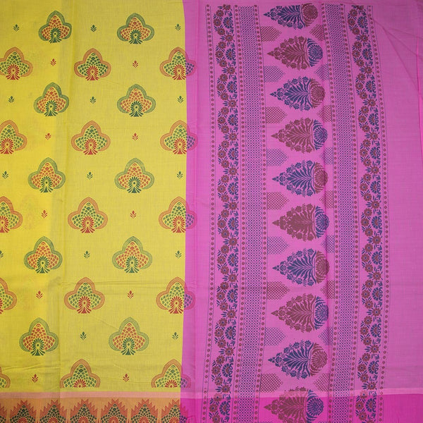 Lemon Yellow Poly Cotton Printed Saree