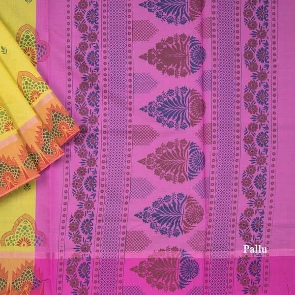 Lemon Yellow Poly Cotton Printed Saree