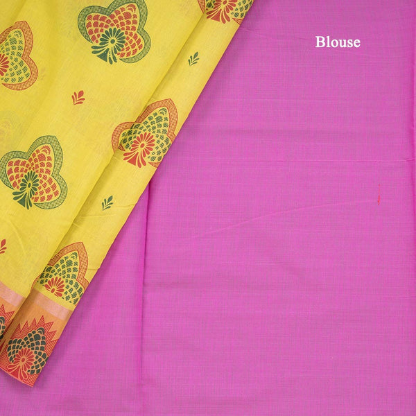 Lemon Yellow Poly Cotton Printed Saree