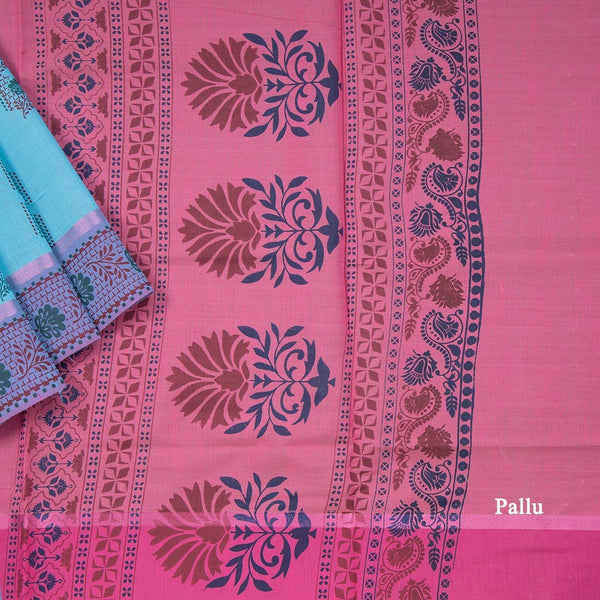 Sky Blue Poly Cotton Printed Saree