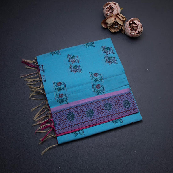 Sky Blue Poly Cotton Printed Saree