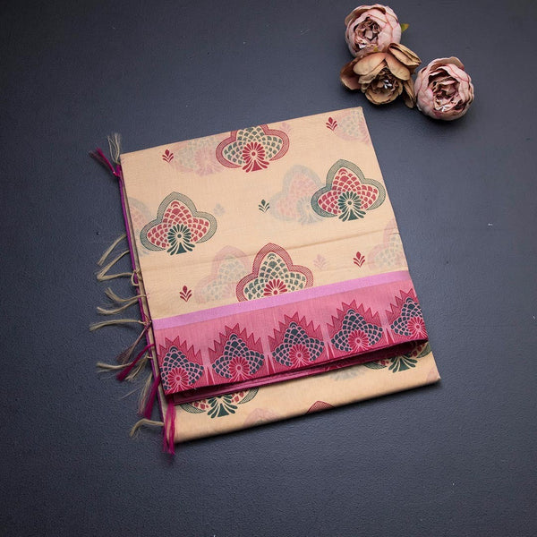 Peach Poly Cotton Printed Saree 02