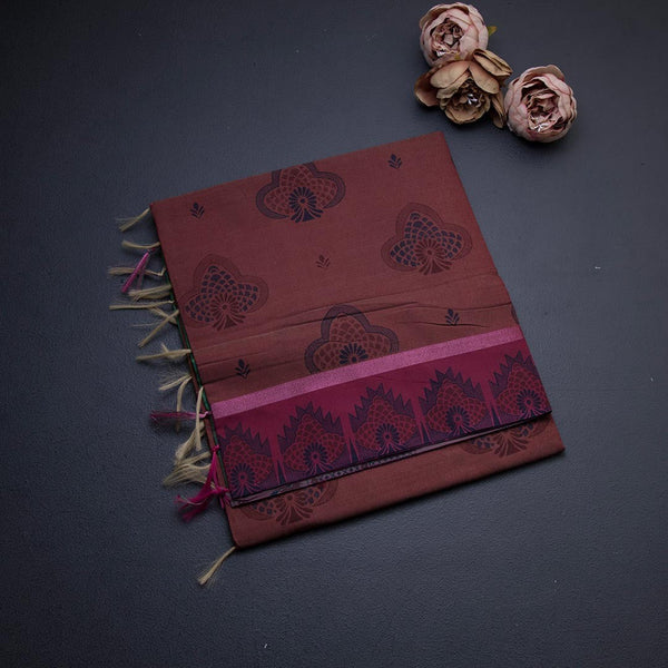 Brown Poly Cotton Printed Saree 04