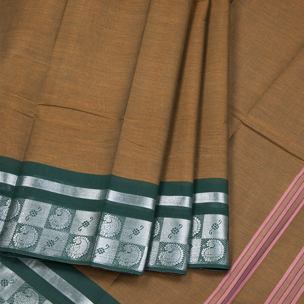 Brown Chettinad Cotton Silve Zari Border Without Blouse