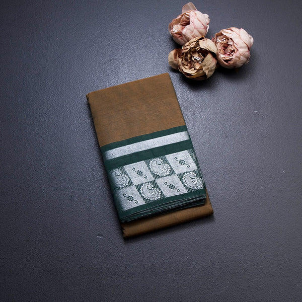 Brown Chettinad Cotton Silve Zari Border Without Blouse