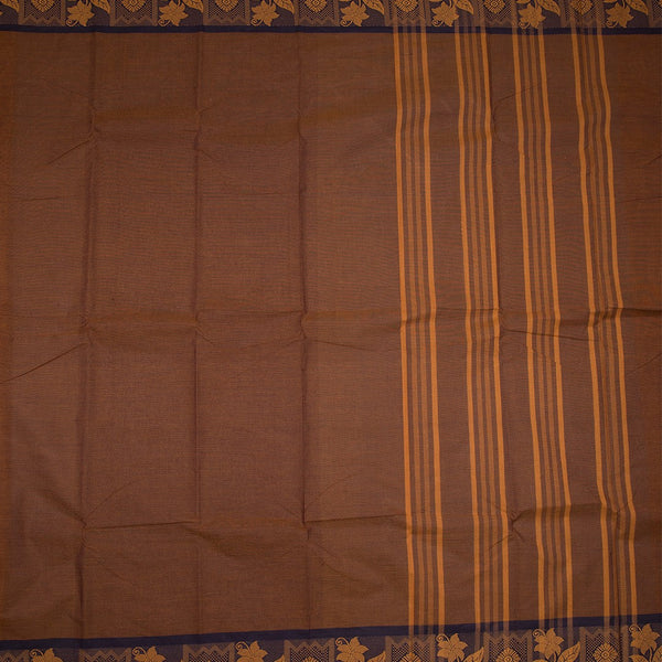 Brown Chettinad Cotton Floral Thread Border Without Blouse 02
