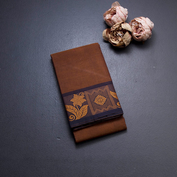 Brown Chettinad Cotton Floral Thread Border Without Blouse 02