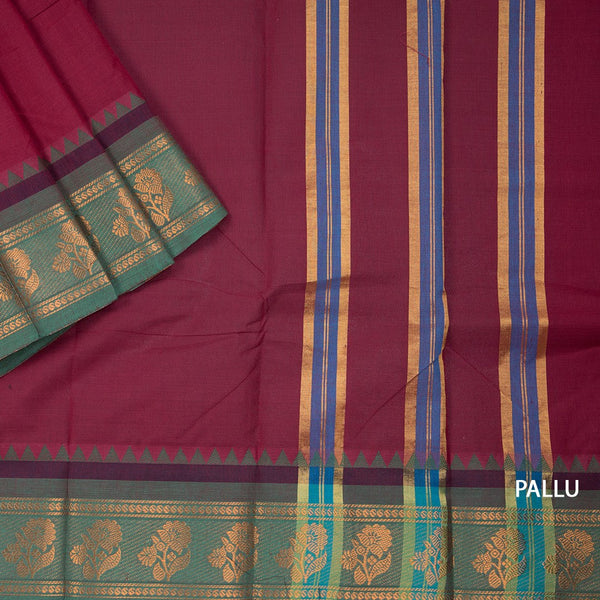 Dark Pink Chettinad Cotton Traditional Zari Border Without Blouse