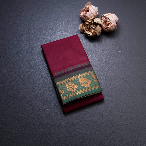 Dark Pink Chettinad Cotton Traditional Zari Border Without Blouse