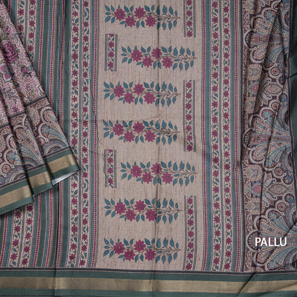 Semi Raw Silk Cream Floral Printed Saree 02