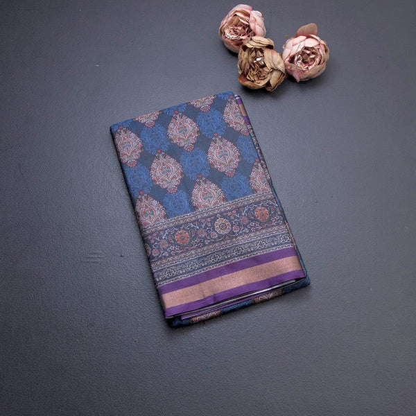 Semi Raw Silk Navy Blue Floral Printed Saree