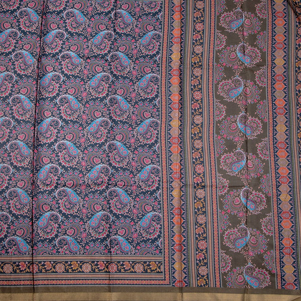 Semi Raw Silk Dark Green Floral Printed Saree 02