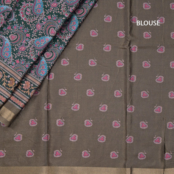 Semi Raw Silk Dark Green Floral Printed Saree 02