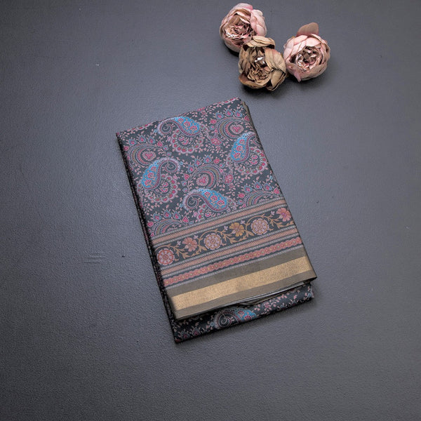 Semi Raw Silk Dark Green Floral Printed Saree 02