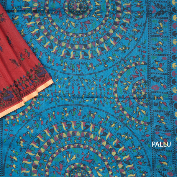 Semi Linen Red Printed Saree 02