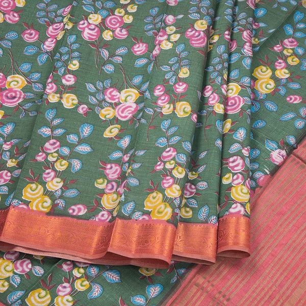 Semi Tussar Olive Green Printed Saree
