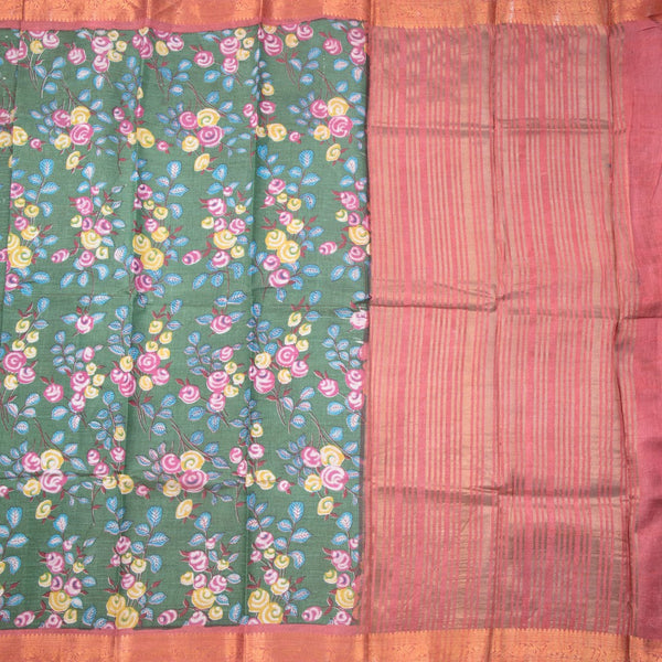 Semi Tussar Olive Green Printed Saree