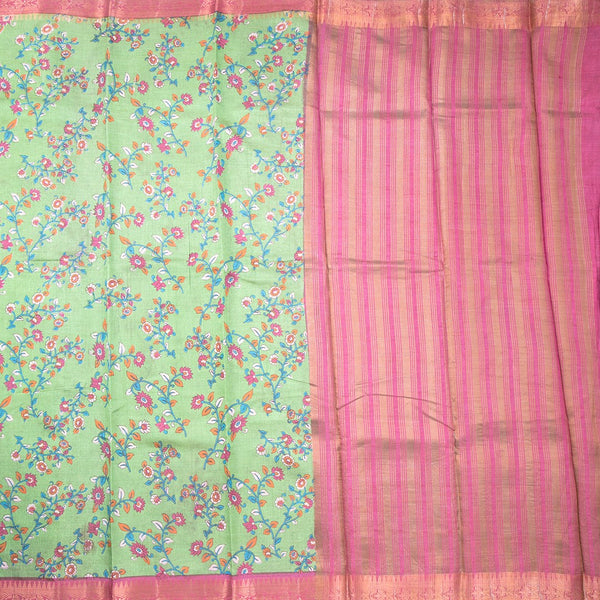 Semi Tussar Parrot Green Printed Saree