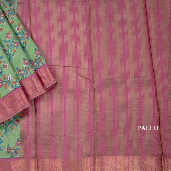 Semi Tussar Parrot Green Printed Saree