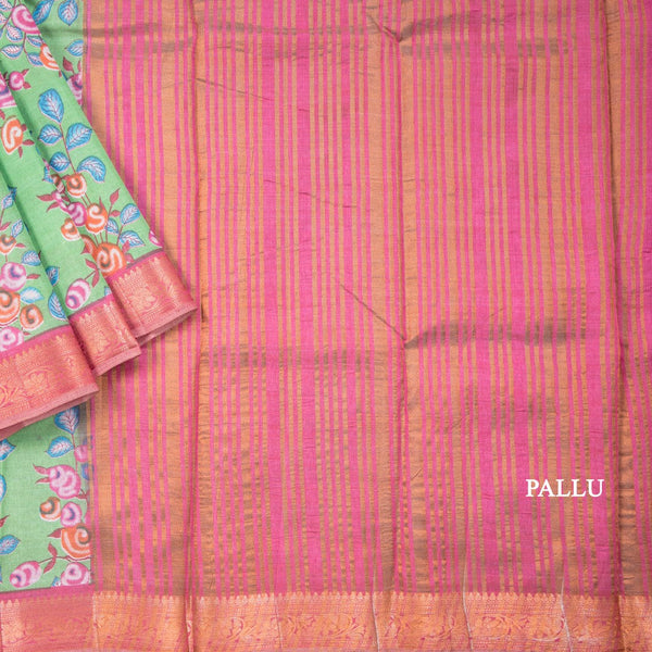 Semi Tussar Parrot Green Printed Saree 02