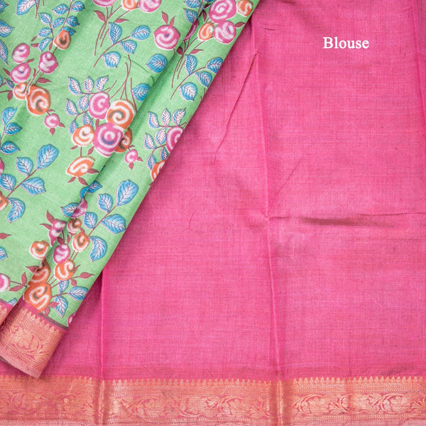 Semi Tussar Parrot Green Printed Saree 02