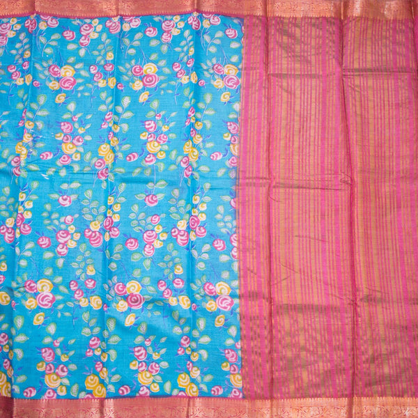 Semi Tussar Dark Cyan Printed Saree