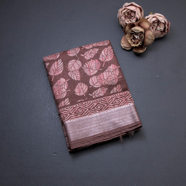 Semi Tussar Brown Printed Saree 02