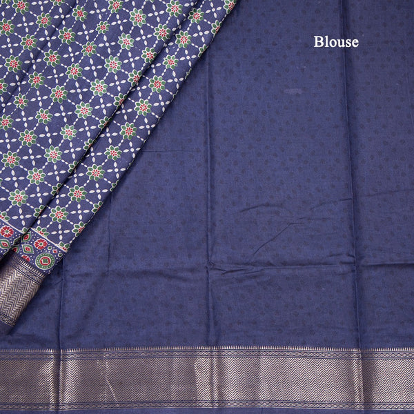 Semi Tussar Navy Blue Printed Saree