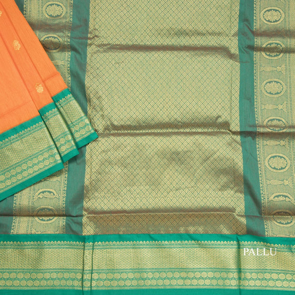 Kalyani Cotton Orange Saree With Zari Buttas And Contrast Border