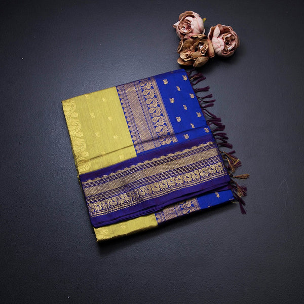 Kalyani Cotton Lime Green Saree With Zari Buttas And Contrast Border