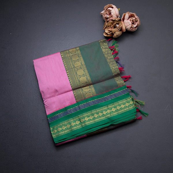 Kalyani Cotton Pink Saree With Zari Buttas And Contrast Border
