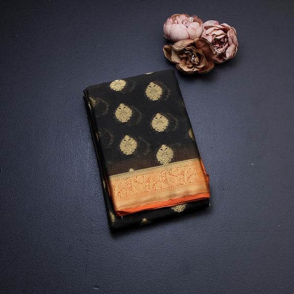 Semi Mysore Silk Black Embroidered Saree