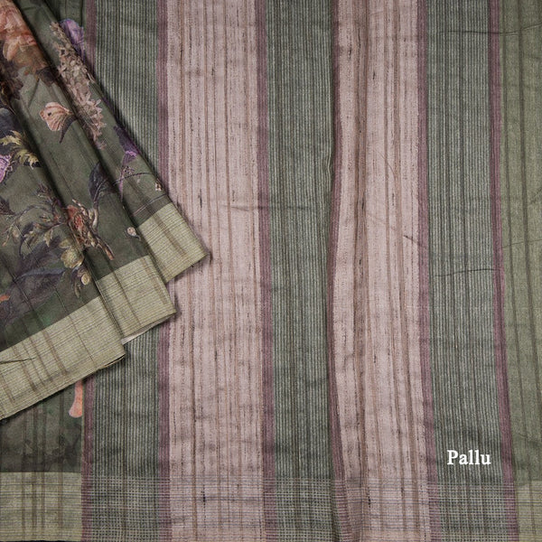 Semi Raw Silk Olive Green Floral Printed Saree