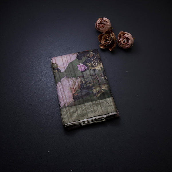 Semi Raw Silk Olive Green Floral Printed Saree