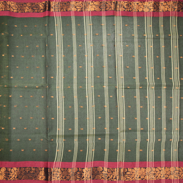 Bengali Cotton Dark Olive Green Zari Worked Saree