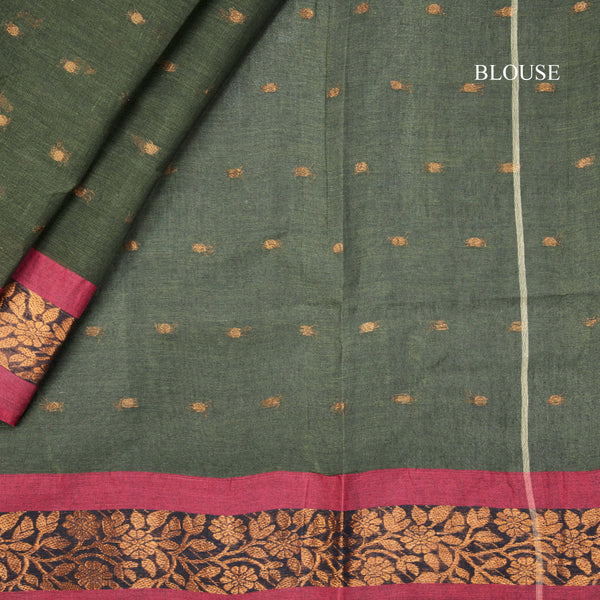 Bengali Cotton Dark Olive Green Zari Worked Saree