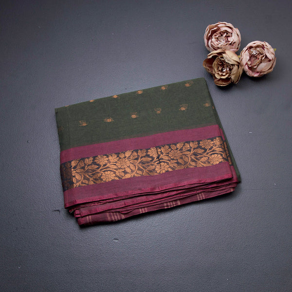 Bengali Cotton Dark Olive Green Zari Worked Saree