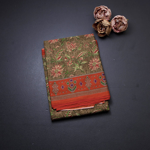Chanderi Cotton Olive Green Floral Printed Saree 02