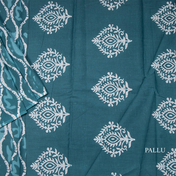 Mul Mul Cotton Teal Blue Printed Saree